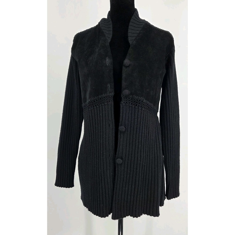 J. Jill Womens Leather Wool Cardigan XS Black Mixed Material